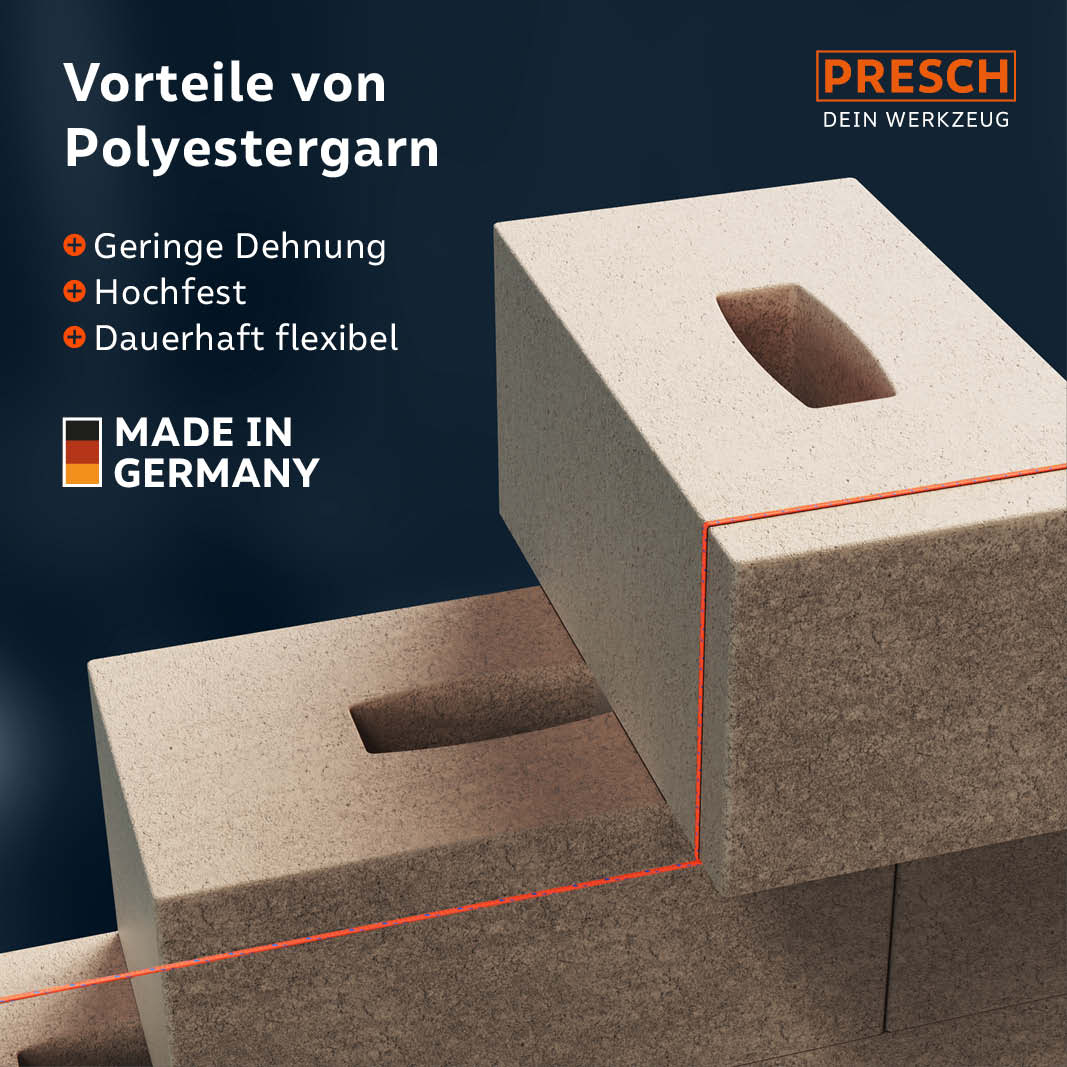 Presch Maurerschnur mit Vorteilen von Polyestergarn, hochfest und flexibel, auf Mauerblöcken.