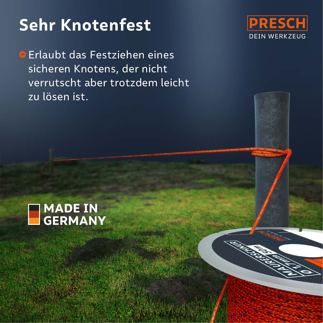 Hochwertige Presch Maurerschnur in Orange, knotenfest und langlebig, ideal für präzises Abstecken auf der Baustelle.