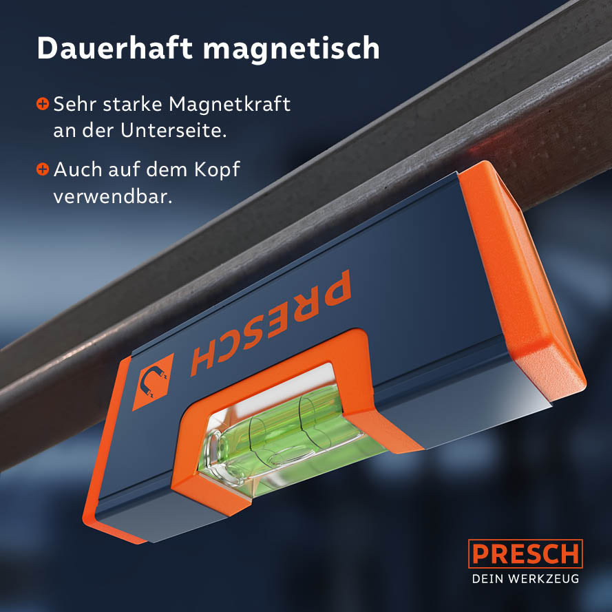 Mini-Wasserwaage von Presch mit magnetischer Unterseite und Libelle, montiert an einer Metallstruktur