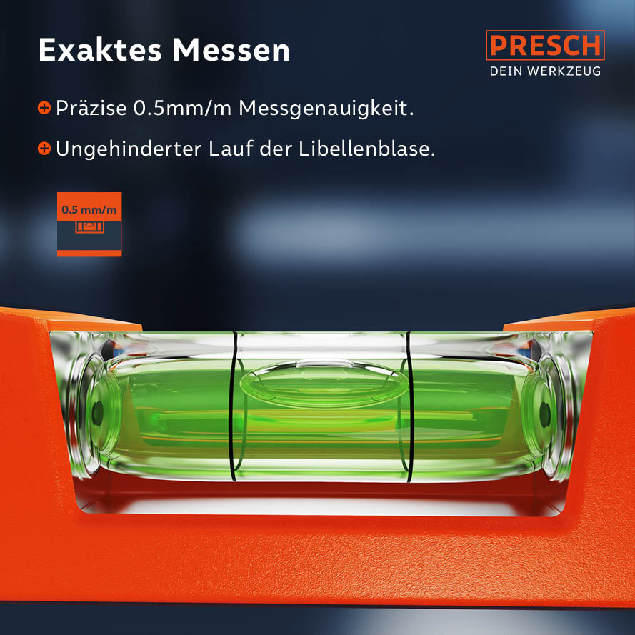 Mini-Wasserwaage von PRESCH mit hoher Präzision und Messgenauigkeit für exaktes Ausrichten.