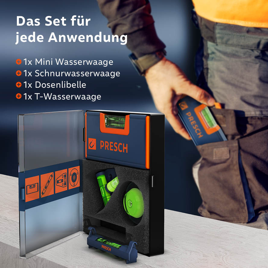 PRESCH Mini-Wasserwaagen-Set für präzises Ausrichten, inklusive Schnurwasserwaage, Dosenlibelle und T-Wasserwaage.