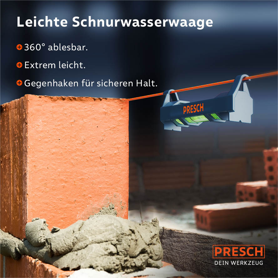 Mini-Wasserwaagen-Set von Presch an einer Ziegelmauer, ideal für präzise Messungen und Ausrichtungsarbeiten.