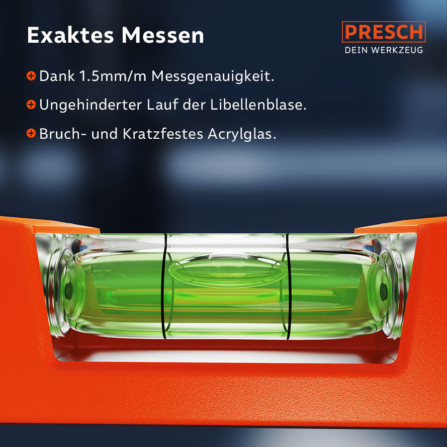 Mini-Wasserwaagen-Set von PRESCH mit Messgenauigkeit, Libellenblase und kratzfestem Acrylglas.