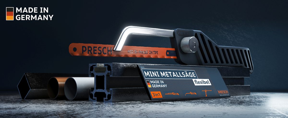 PRESCH Mini Metallsäge und Handwerkzeuge "Made in Germany" auf robustem Untergrund