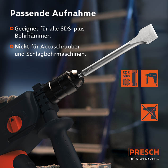 PRESCH SDS-Plus Breitmeißel 250mm für Bohrhämmer, Flachmeißel und Meißelwerkzeug in Anwendung.