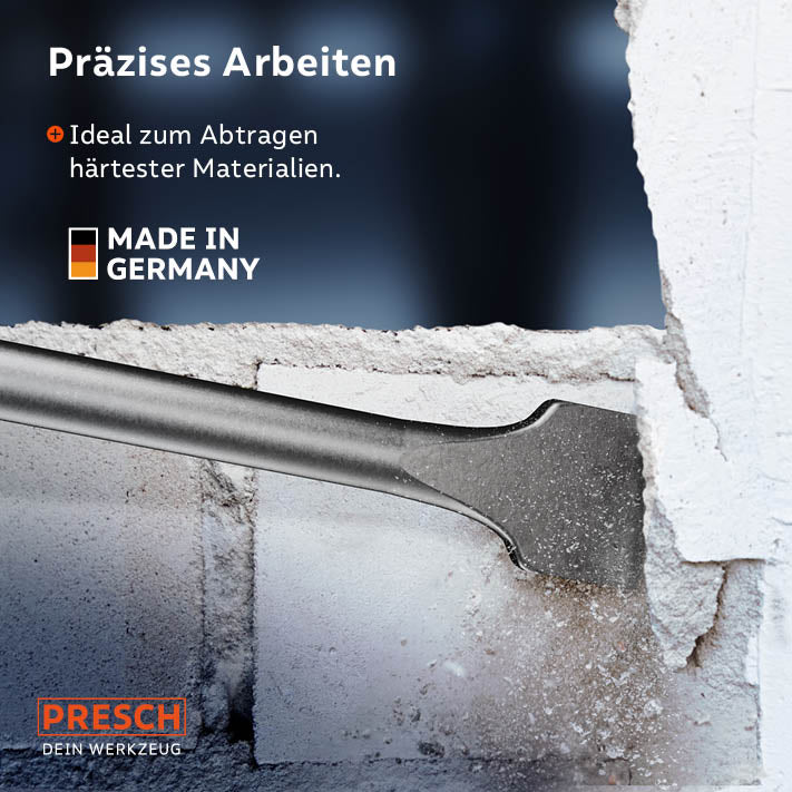 PRESCH SDS-Plus Breitmeißel 250mm in Aktion, ideal für Meißelarbeiten und Durchbrüche in Beton und Mauerwerk.