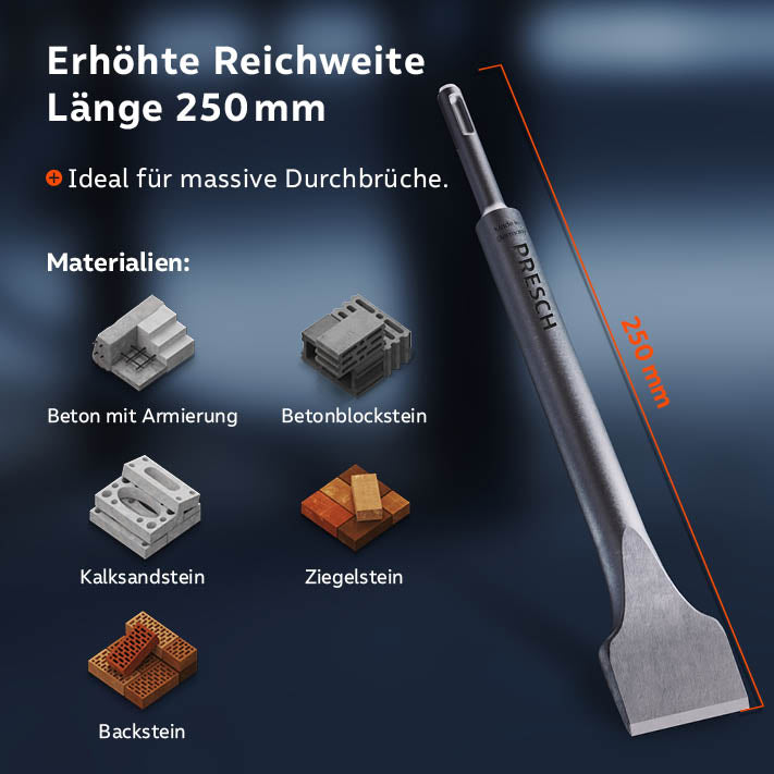PRESCH SDS-Plus Breitmeißel 250mm für Durchbrucharbeiten an Beton und Stein.