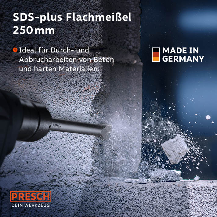 PRESCH SDS-plus Flachmeißel 250mm beim Einsatz in Beton, Qualitätsmeißel Made in Germany.