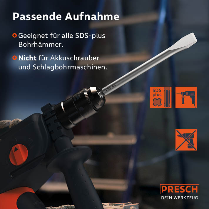 PRESCH SDS-Plus Flachmeißel 250mm in einem Bohrhammer, geeignet für Meißelarbeiten und Stemmwerkzeuge.