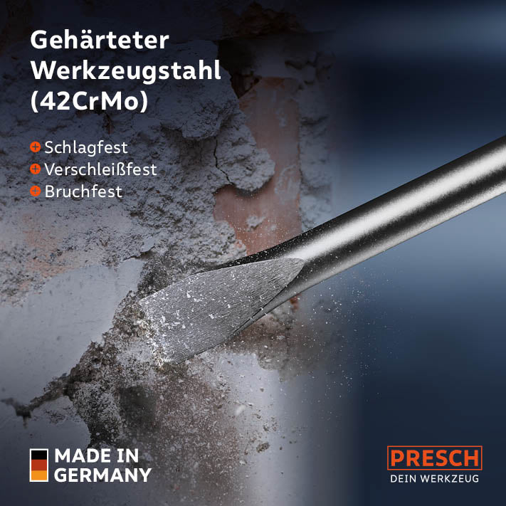 PRESCH SDS-Plus Flachmeißel 250mm für Abbrucharbeiten und Renovierung, aus gehärtetem Werkzeugstahl, schlag- und verschleißfest.