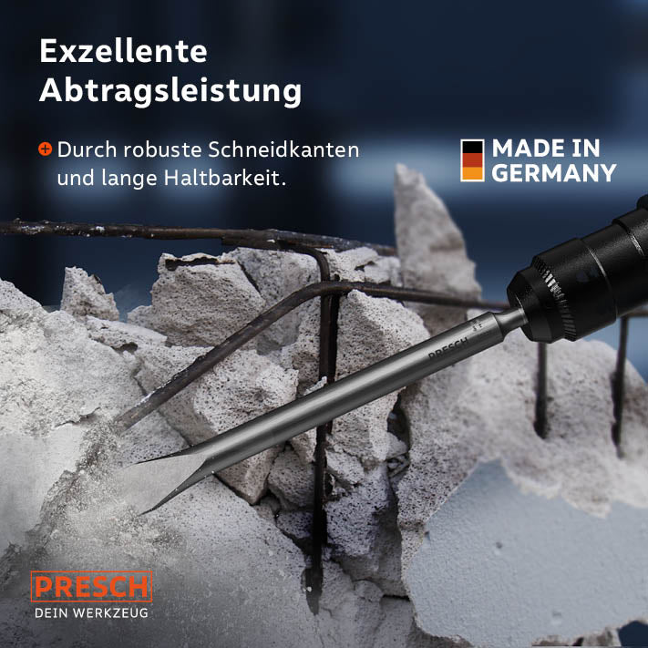 PRESCH SDS-Plus Flachmeißel 250mm in Aktion mit hoher Abtragsleistung und Langlebigkeit, Made in Germany.