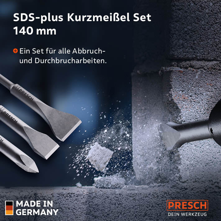 SDS-Plus Kurzmeißel Set 140 mm von Presch für Abbrucharbeiten, inklusive Spitzmeißel und Flachmeißel, Qualitätswerkzeug Made in Germany