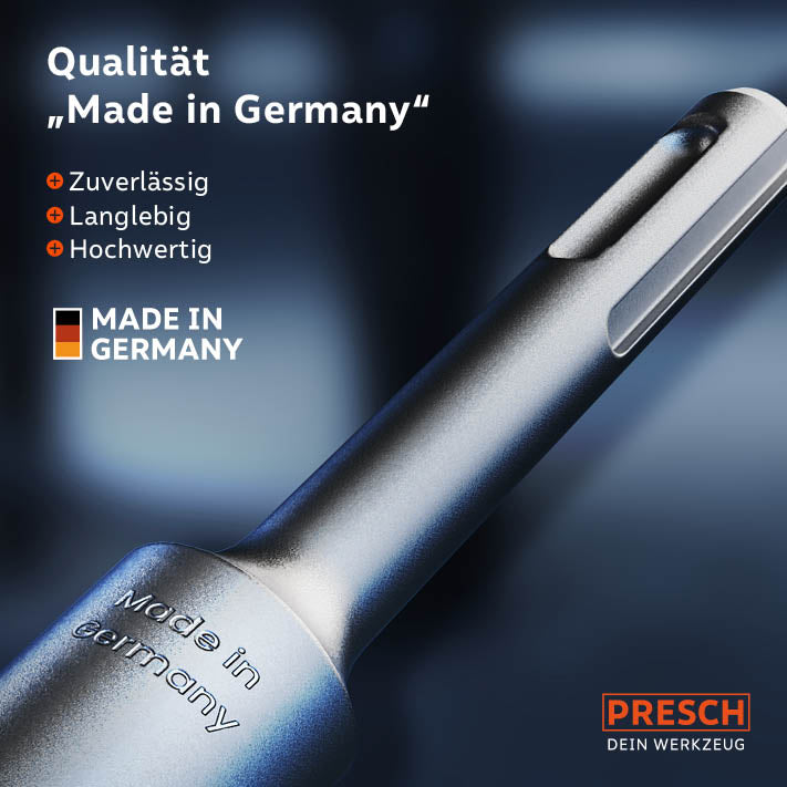 PRESCH SDS-Plus Kurzmeissel Set mit dem Qualitätssiegel "Made in Germany", zuverlässiges und langlebiges Meißelwerkzeug.