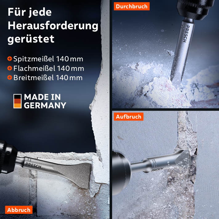 PRESCH SDS-Plus Kurzmeissel-Set mit Spitz-, Flach- und Breitmeißel für Durchbruch- und Aufbrucharbeiten, Qualität "Made in Germany"