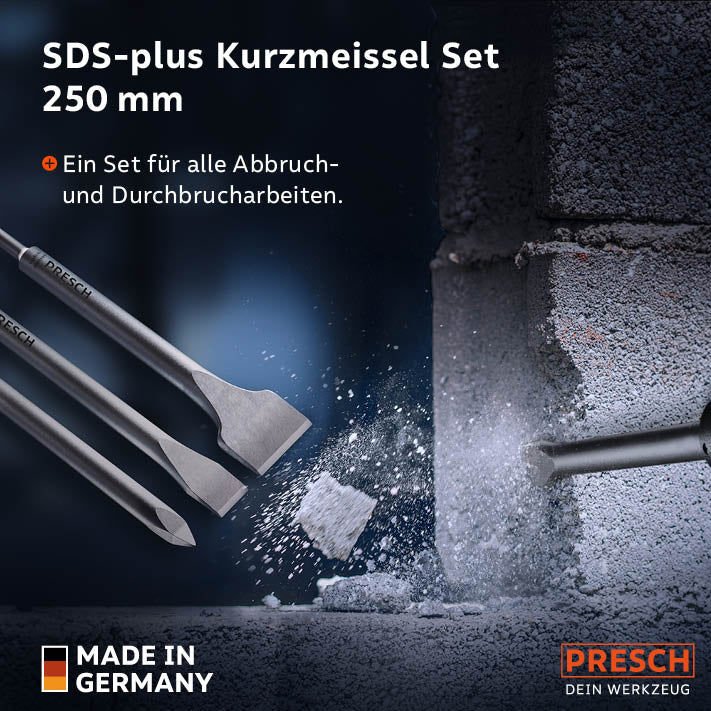 SDS-plus Kurzmeissel Set von PRESCH für Abbrucharbeiten, Meißel-Werkzeuge und Durchbrucharbeiten.