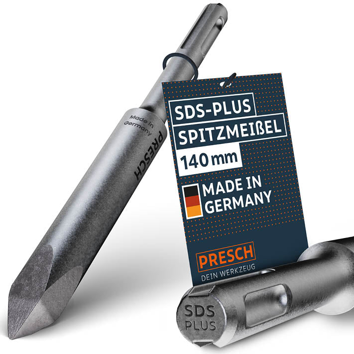 PRESCH SDS-Plus Spitzmeißel 140mm für Bohr- und Meißelarbeiten, hochwertiges Baugerätezubehör, made in Germany