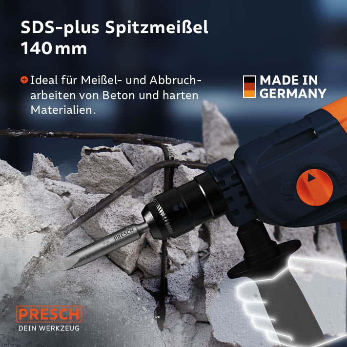 PRESCH SDS-Plus Spitzmeißel 140mm für Meißelarbeiten, ideal für Durchbrucharbeiten und Betonbearbeitung.
