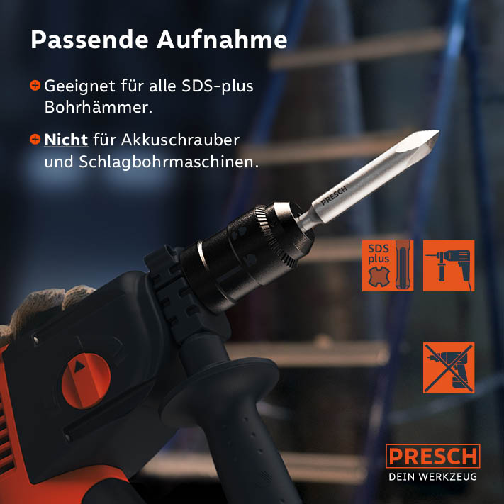 PRESCH SDS-Plus Spitzmeißel 140mm für Bohrhämmer, Meißelwerkzeug in Nahaufnahme, nicht für Akkuschrauber geeignet