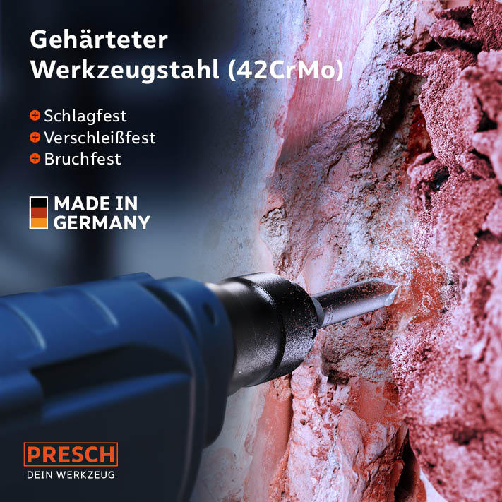 PRESCH SDS-Plus Spitzmeißel 140mm in Aktion, qualitativer Meißel aus gehärtetem Stahl für Bohrhammer.