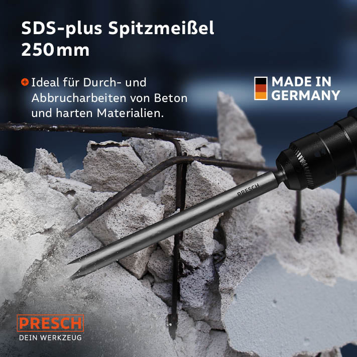 PRESCH SDS-Plus Spitzmeißel 250mm für Durchbrucharbeiten, Abbruchmeißel in Aktion, Qualitätswerkzeug Made in Germany