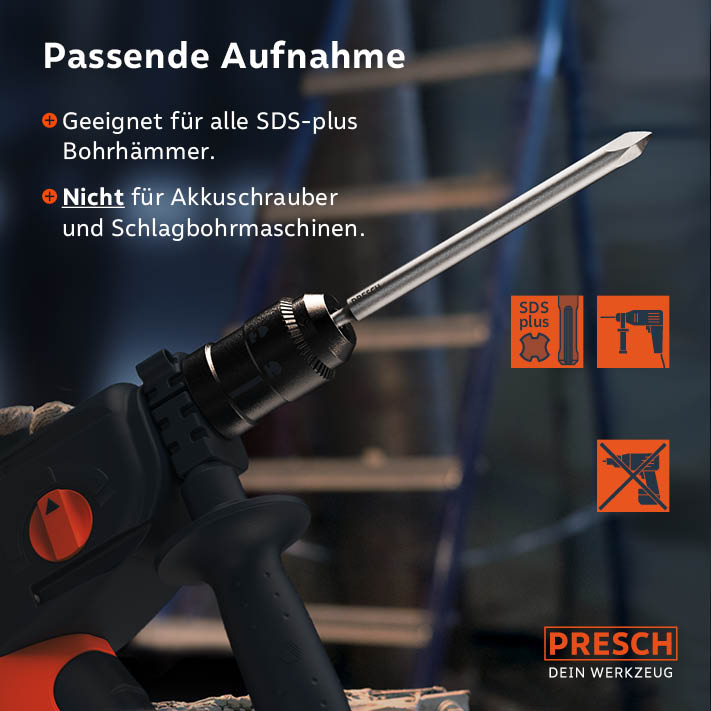 PRESCH SDS-Plus Spitzmeißel 250mm für Bohrhämmer, nicht geeignet für Akkuschrauber und Schlagbohrmaschinen.