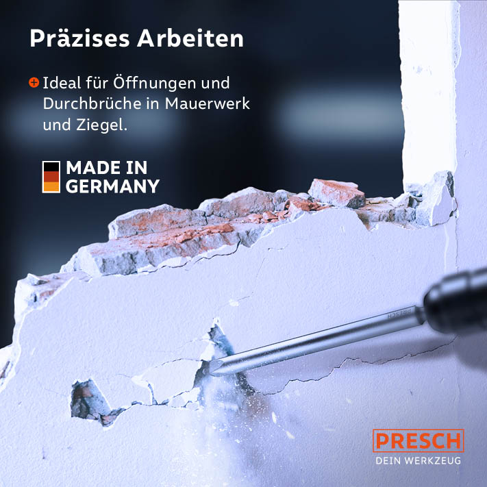 PRESCH SDS-Plus Spitzmeißel 250mm in Aktion, ideal für präzises Meißeln und Durchbrüche in Mauerwerk.