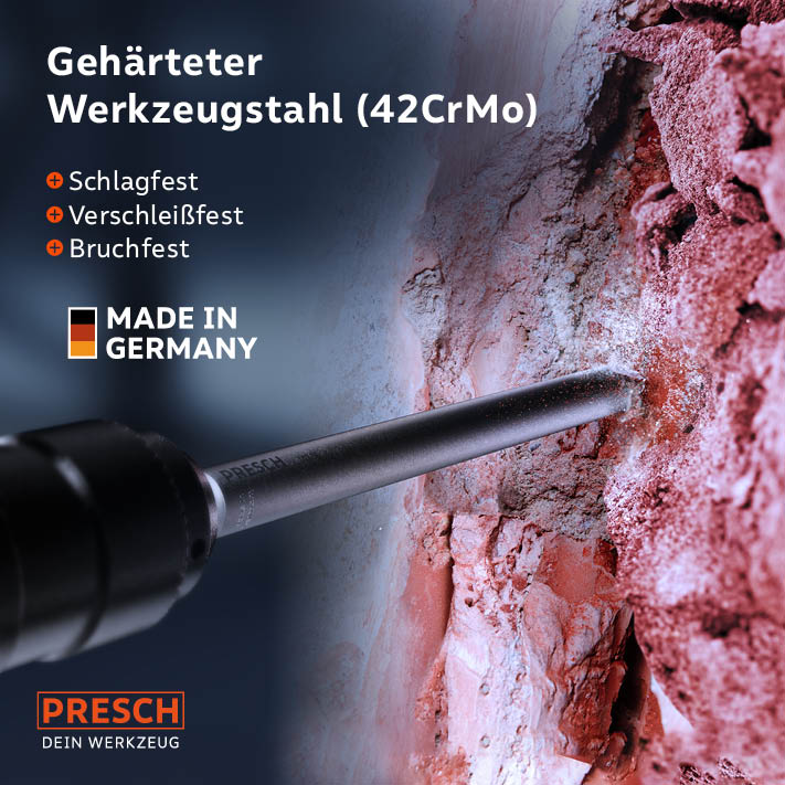 PRESCH SDS-Plus Spitzmeißel 250mm in Aktion, gehärteter Meißel aus Werkzeugstahl bohrt in eine Steinwand, Qualitätswerkzeug Made in Germany.
