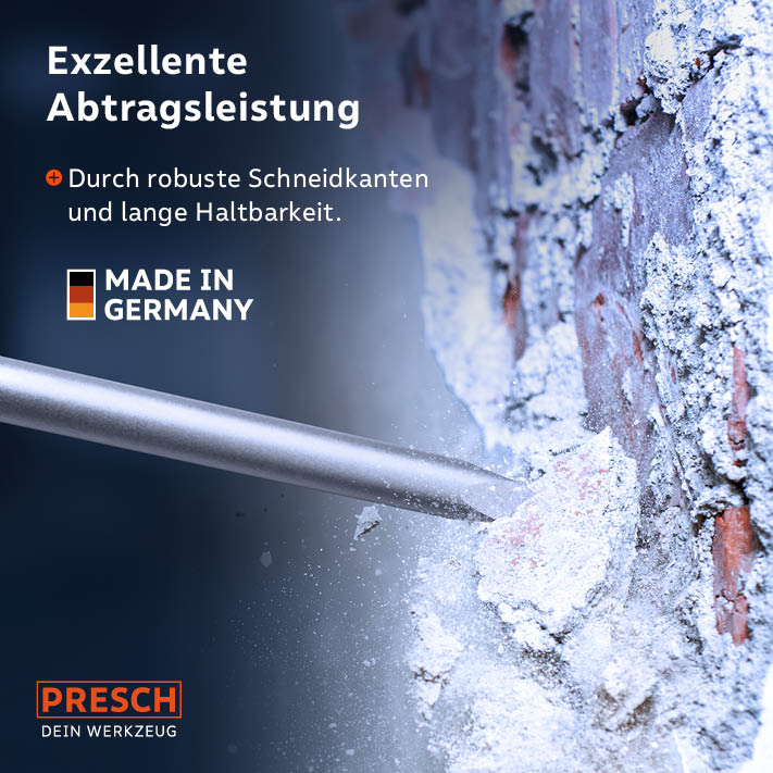 PRESCH SDS-Plus Spitzmeissel 250mm im Einsatz mit hoher Abtragsleistung und langer Lebensdauer, Qualitätswerkzeug Made in Germany.