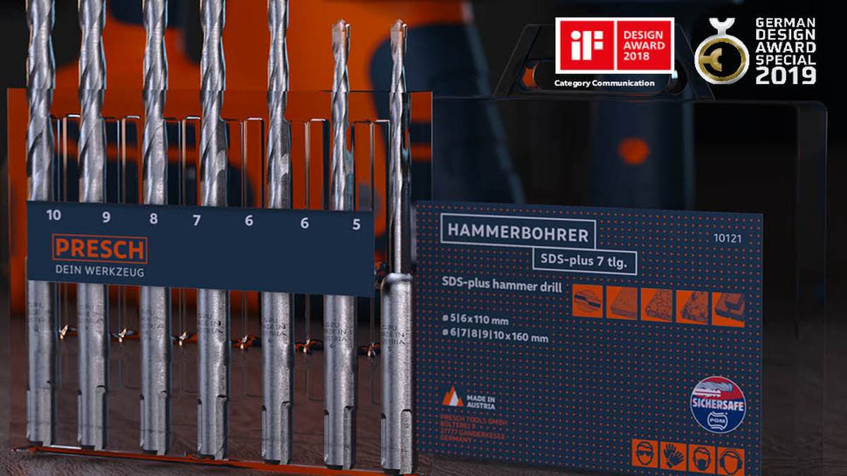 PRESCH SDS-Plus Hammerbohrer-Set mit verschiedenen Bohrergrößen präsentiert vor einem Design-Award-Plakat, inklusive detaillierter Produktbeschreibung und Bohrbildern.