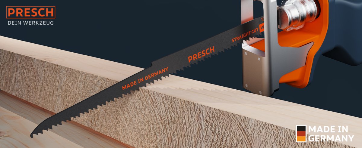 Extra langes Säbelsägeblatt für Holz von PRESCH mit Zähnen für gerade Schnitte, Qualitätswerkzeug Made in Germany