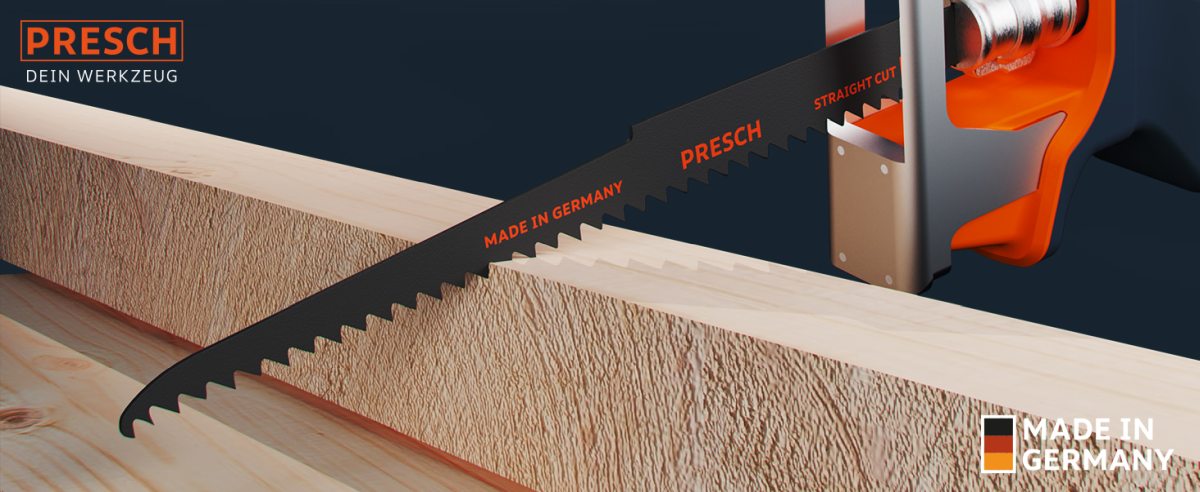 Langes Sägeblatt für Holz von PRESCH mit feinen Zähnen und ergonomischem Griff für präzisen Schnitt.