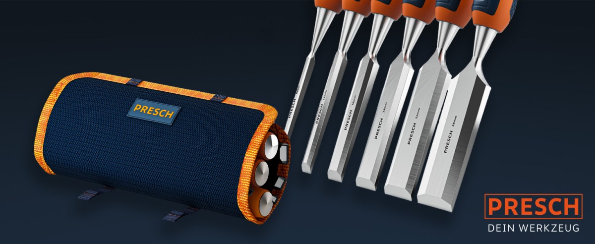 Sechsteiliger PRESCH Stechbeitel-Satz in Rolltasche mit präzisionsgeschliffenen Meißeln und ergonomischen Griffen für Holzbearbeitung