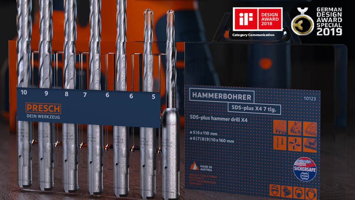 PRESCH Steinbohrer Set in verschiedenen Größen für präzises Bohren in Stein und Beton, inklusive Hammerbohrer und SDS-plus Aufsatz.