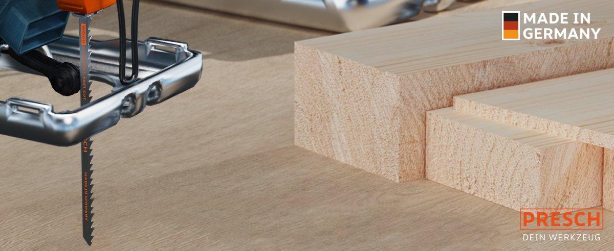 PRESCH Stichsägeblätter für Holz, groß mit geradem und schnellem Schnitt für lange Schnitte, Sägeblatt für effizientes Arbeiten in der Holzbearbeitung.