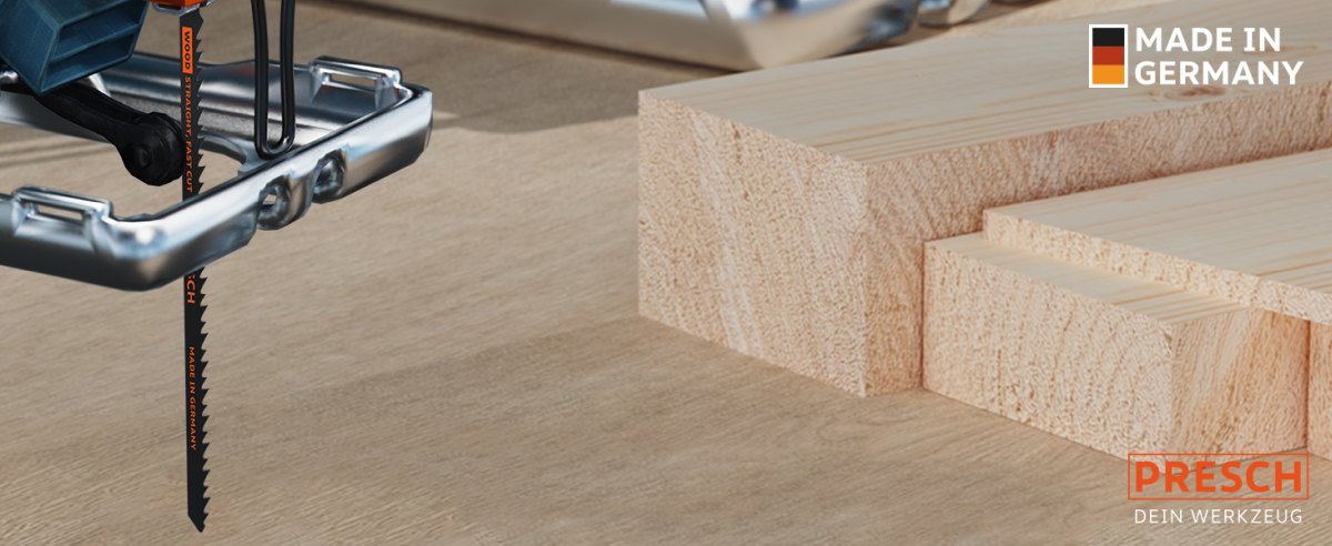 PRESCH Stichsägeblätter für Holz, XXL, gerade und schnelle Schnitte für sehr lange Holzbearbeitung, Qualitätswerkzeug Made in Germany