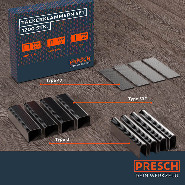Tackerklammern Set von Presch mit verschiedenen Typen und Größen für Heftarbeiten und Befestigungsmaterial.