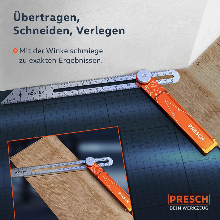 PRESCH Winkelschmiege zum Übertragen, Schneiden und exakten Verlegen von Werkstoffen..