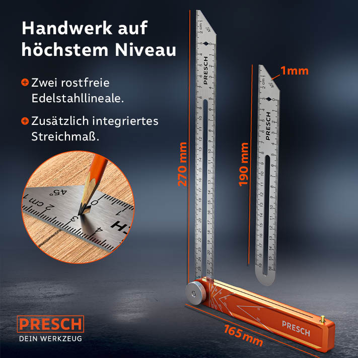 PRESCH Winkelschmiege aus Edelstahl für präzise Messungen und Markierungen, inklusive integriertem Streichmaß und Linealfunktion..