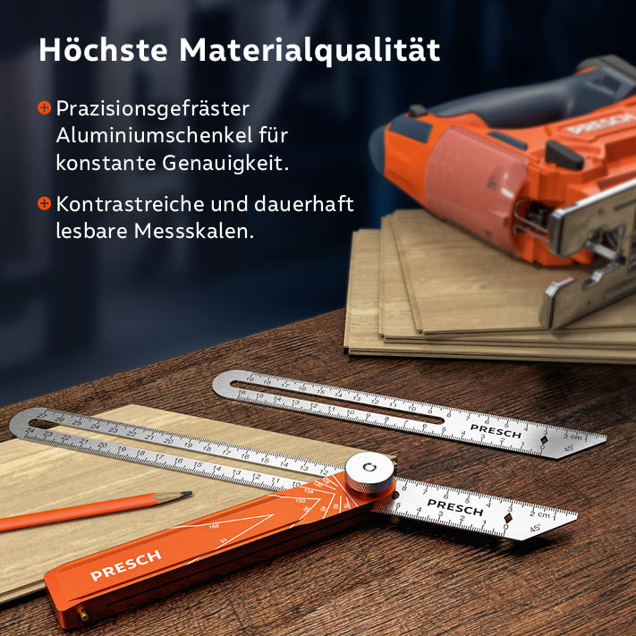 PRESCH Winkelschmiege aus Aluminium mit präzisionsgefrästen Schenkeln und deutlich lesbaren Messskalen auf einer Werkbank.