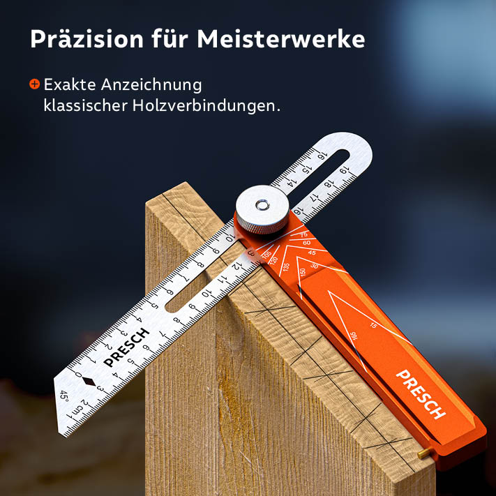 PRESCH Winkelschmiege auf Holz für präzise Markierung und Messung, Instrument für Winkelbestimmung.