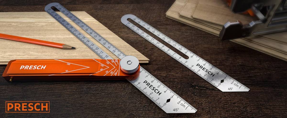 PRESCH Winkelschmiege mit zusätzlichen Winkelwerkzeugen und Messwerkzeugen auf Holzuntergrund.