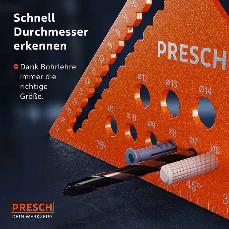 PRESCH Zimmermannswinkel 180mm mit integrierter Bohrlehre für präzises Arbeiten und exakte Messungen