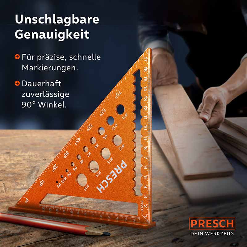 Presch Zimmermannswinkel 180mm mit Bohrlehre für präzise Holzbearbeitung und Winkelmessung.