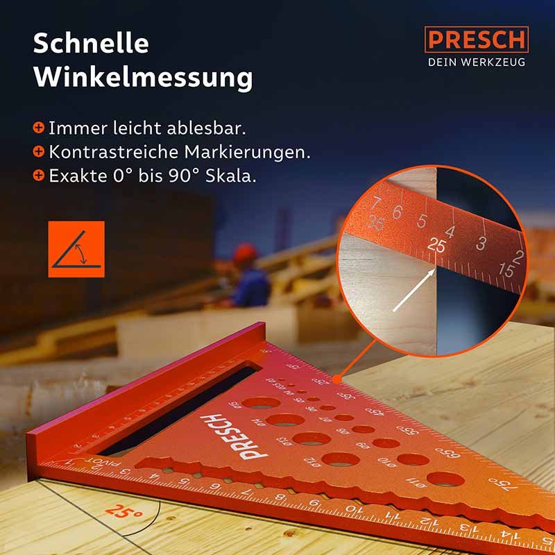 PRESCH Zimmermannswinkel 180mm mit Bohrlehre für präzise Winkelmessung und Anzeichnen auf Holz.