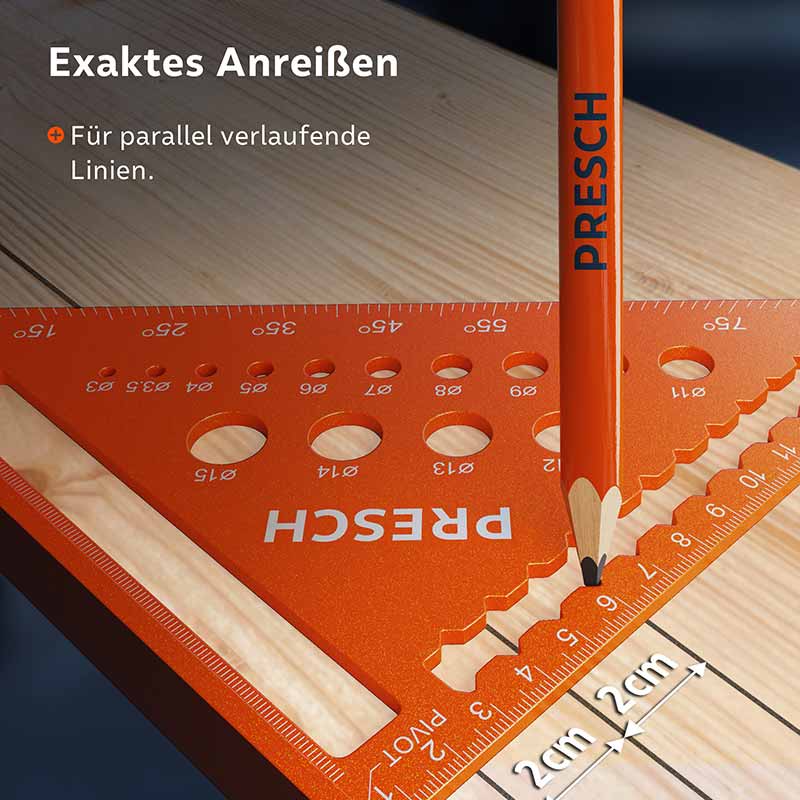 PRESCH Zimmermannswinkel 180mm mit integrierter Bohrlehre für präzise Messungen und Markierungen auf Holz.