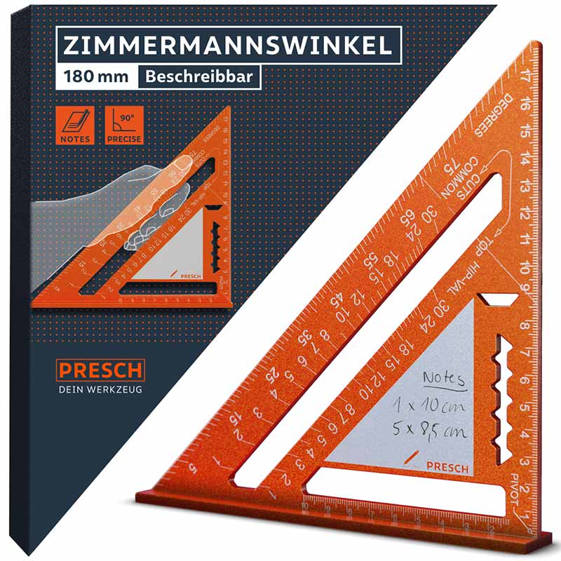 PRESCH Zimmermannswinkel 180mm mit beschreibbarer Notizfläche und Maßeinheiten, präzises Anreißwerkzeug für Holzbearbeitung.