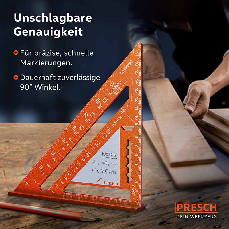 PRESCH Zimmermannswinkel 180mm mit Notizfläche und Maßskala, verwendet für präzise Holzbearbeitung und Schreinerarbeiten