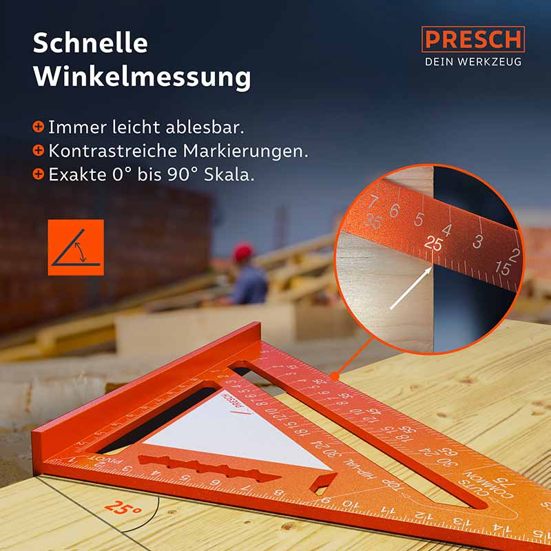 PRESCH Zimmermannswinkel 180mm mit Notizfläche für präzise Winkelmessung und Anreißhilfe auf Holzuntergrund.