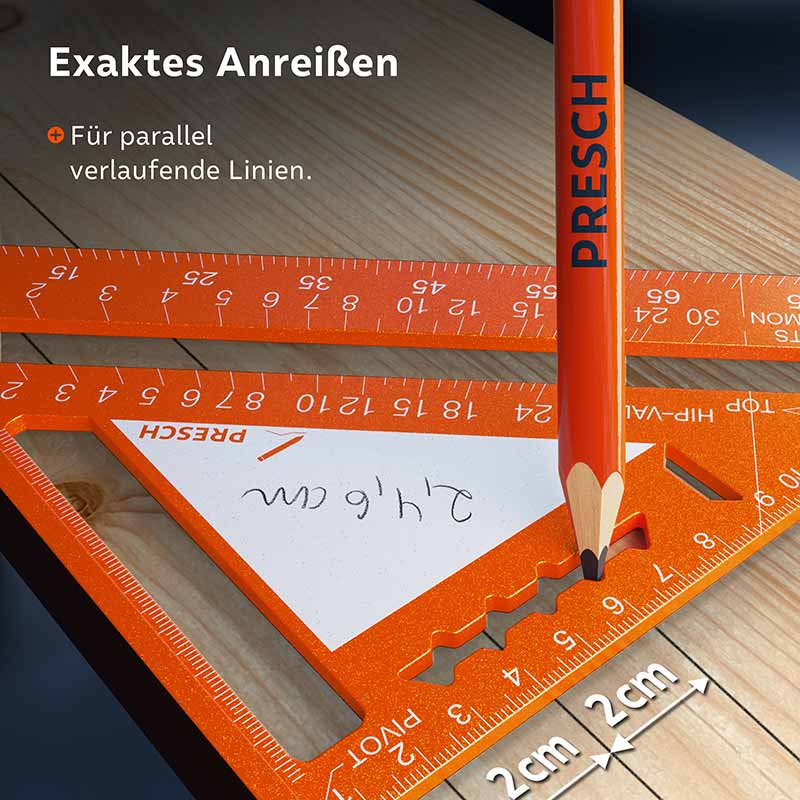 PRESCH Zimmermannswinkel 180mm mit integrierter Notizfläche für präzises Anzeichnen und Markieren auf Holzoberflächen