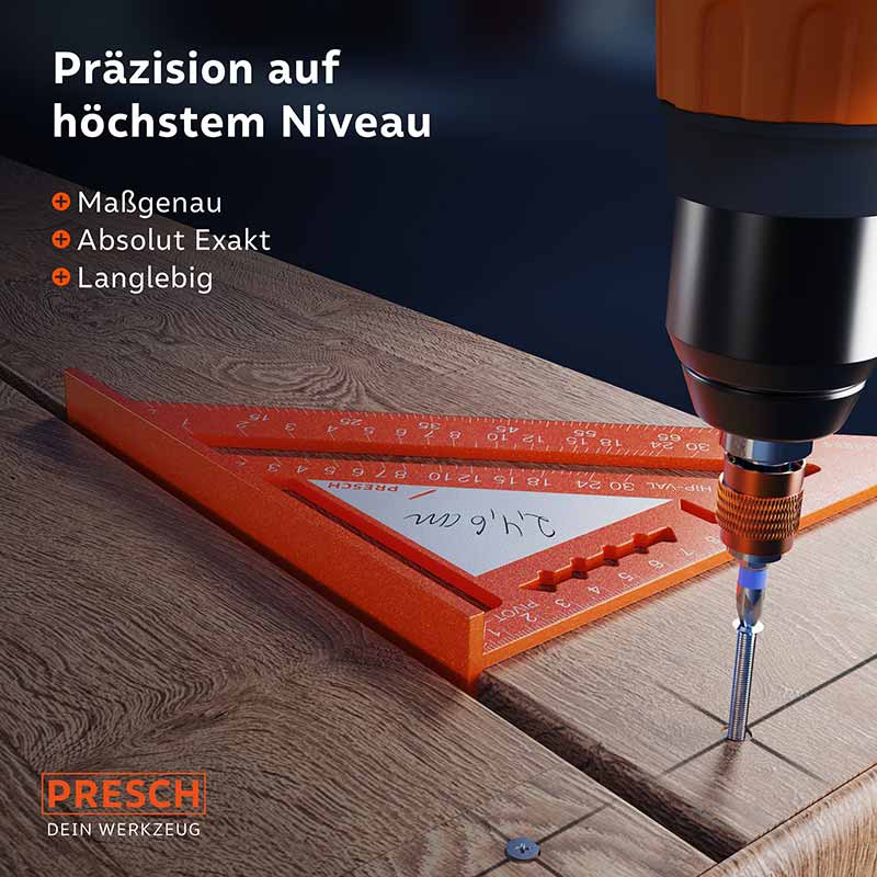PRESCH Zimmermannswinkel 180mm mit Notizfläche für präzise Markierungen und Winkelmessungen auf Holzoberfläche